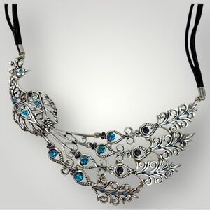SCROLL & VINE Silver Tone Rhinestones Black Straps Peacock Necklace